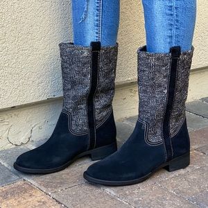 Black Suede/Sweater Knit Tall Flat Boots